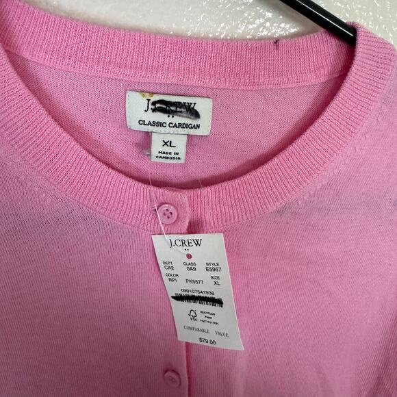 J.Crew Classic Cotton Cardigan Sweater XL Pink Button Front Crewneck Ribbed Trim - Picture 4 of 8